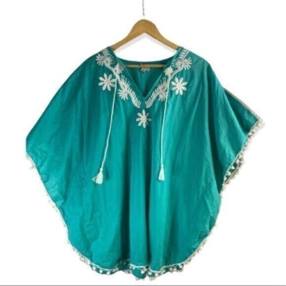 Raviya Other - Raviya Embroidered Peasant Swimsuit Coverup Blue Teal Medium NEW